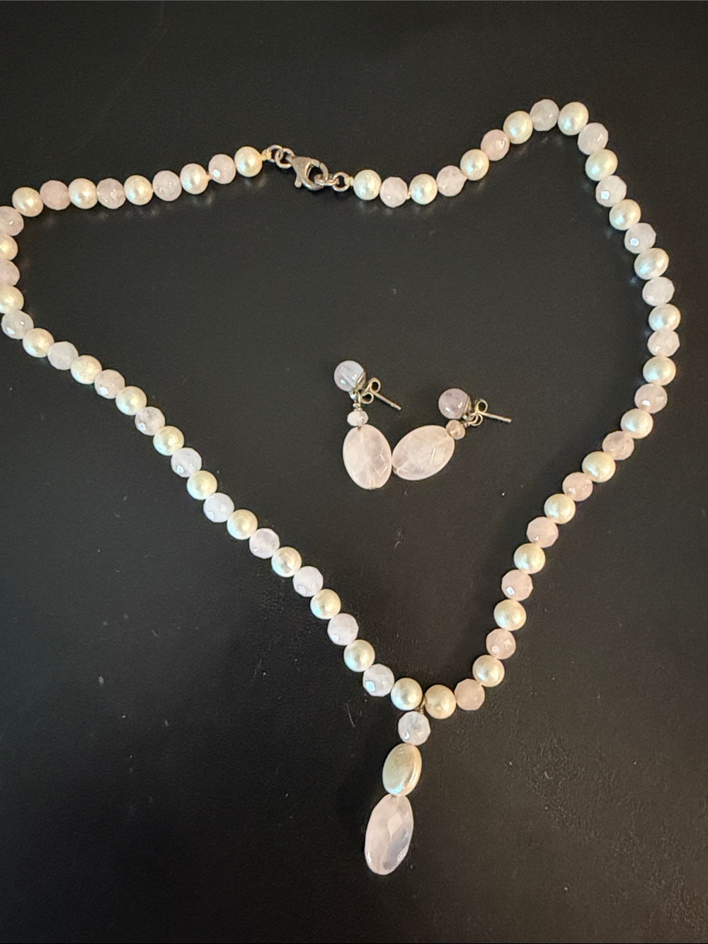 Rose Quartz Beaded Necklace and Drop Earring Set - Soft Pink